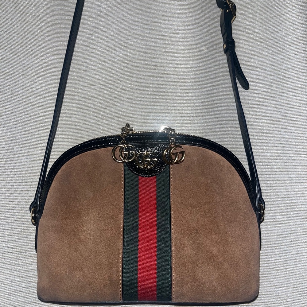 Beige, Suede Small Ophidia Dome Crossbody Bag.